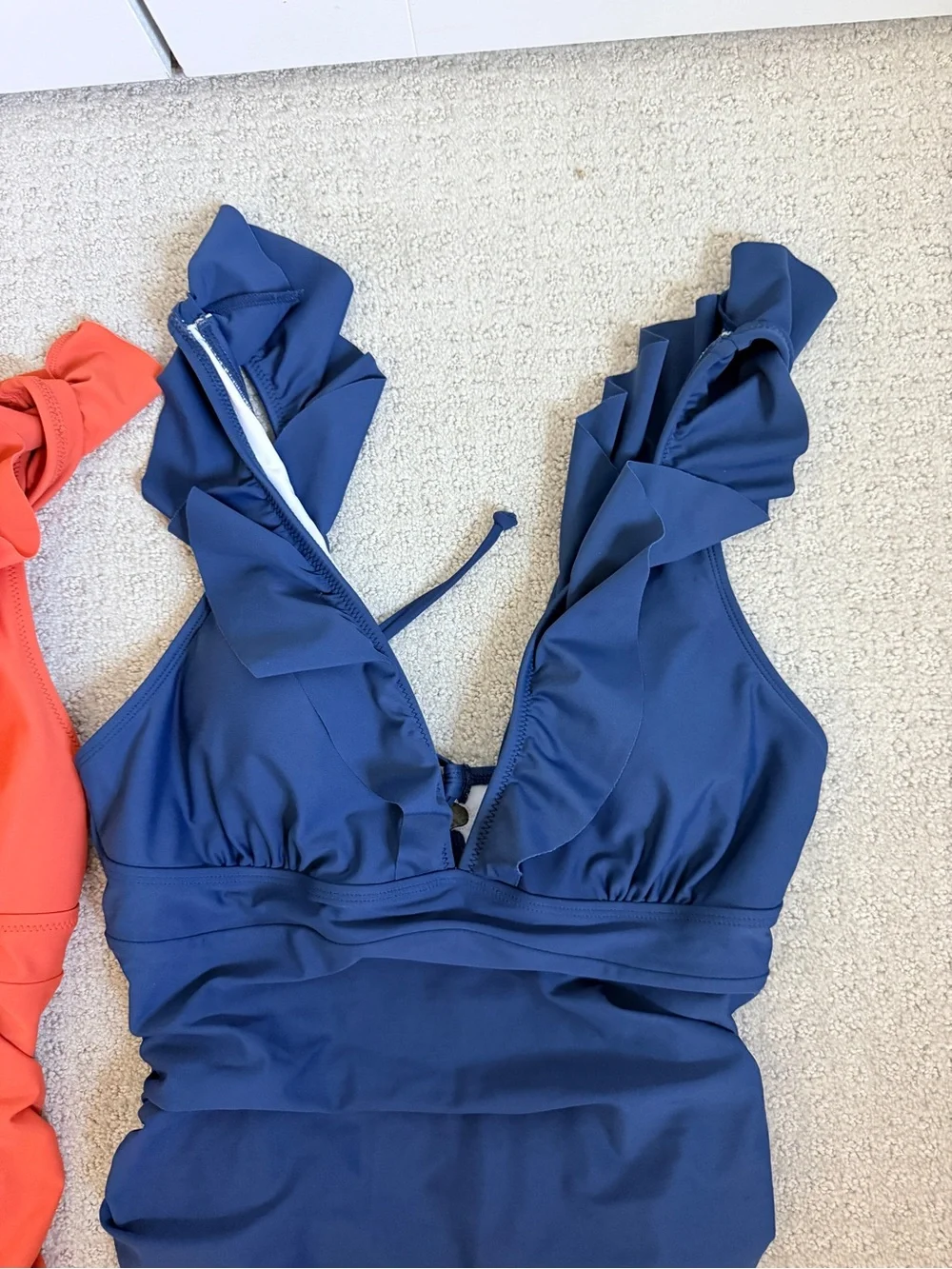 Cupshe Ruffle One-Piece Swimsuits - ruched belly, Orange & Navy